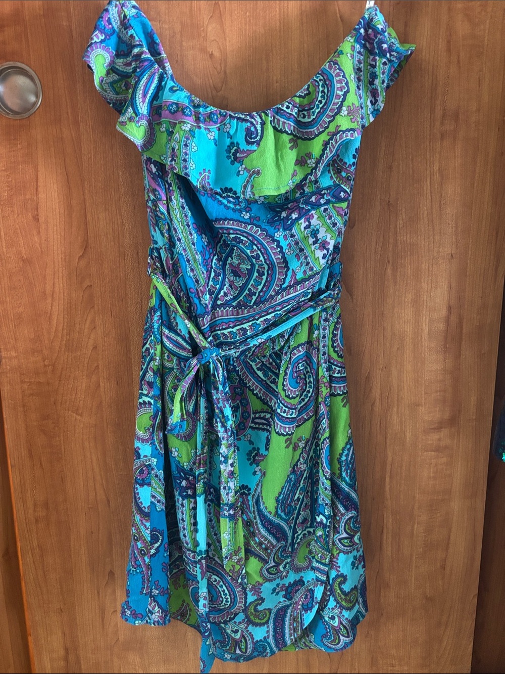 Blue & Green Paisley Ruffle-Trim Wrap Dress